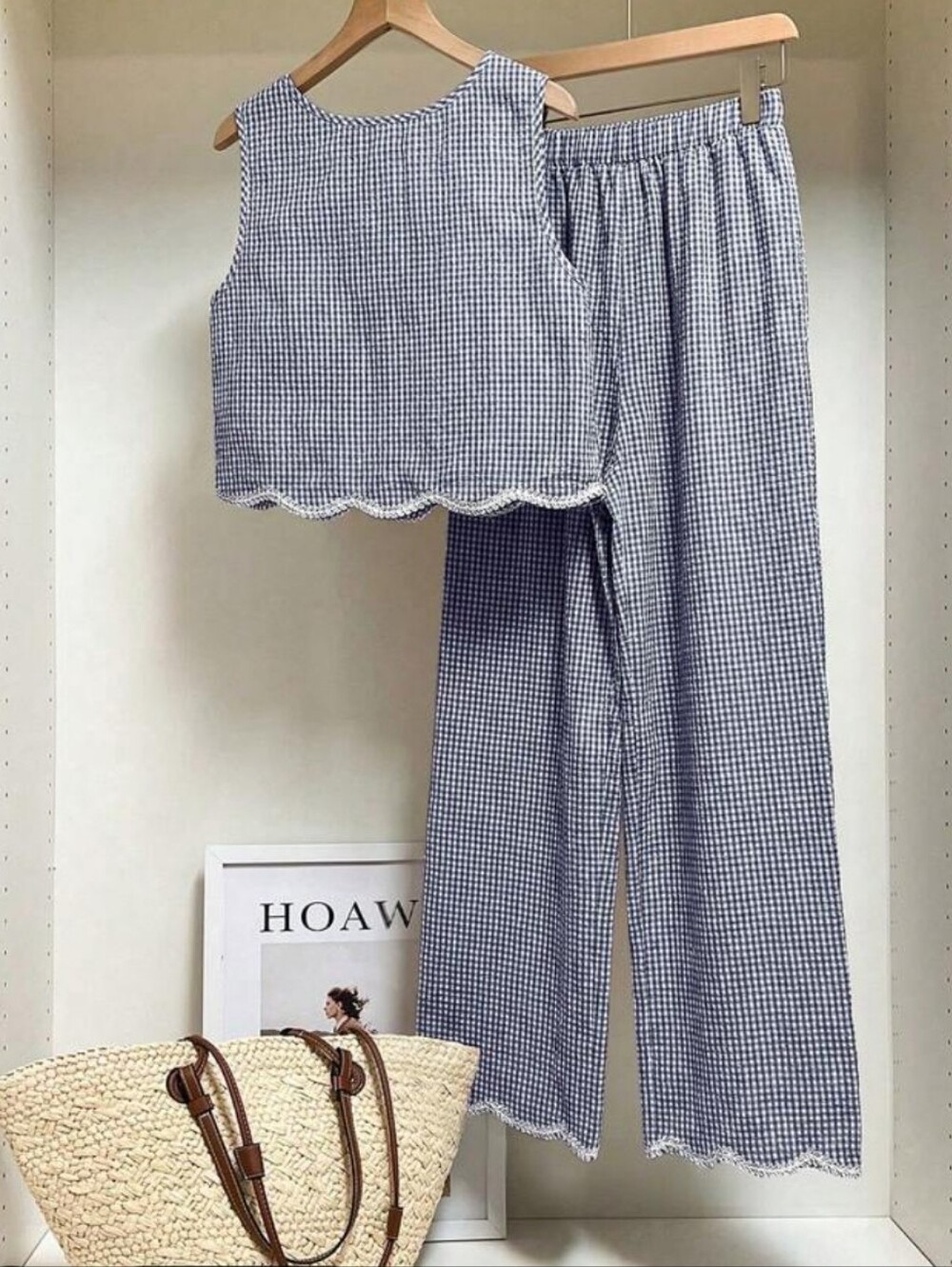 Gingham Scallop Tank & Wide-Leg Pant Set - Navy & White